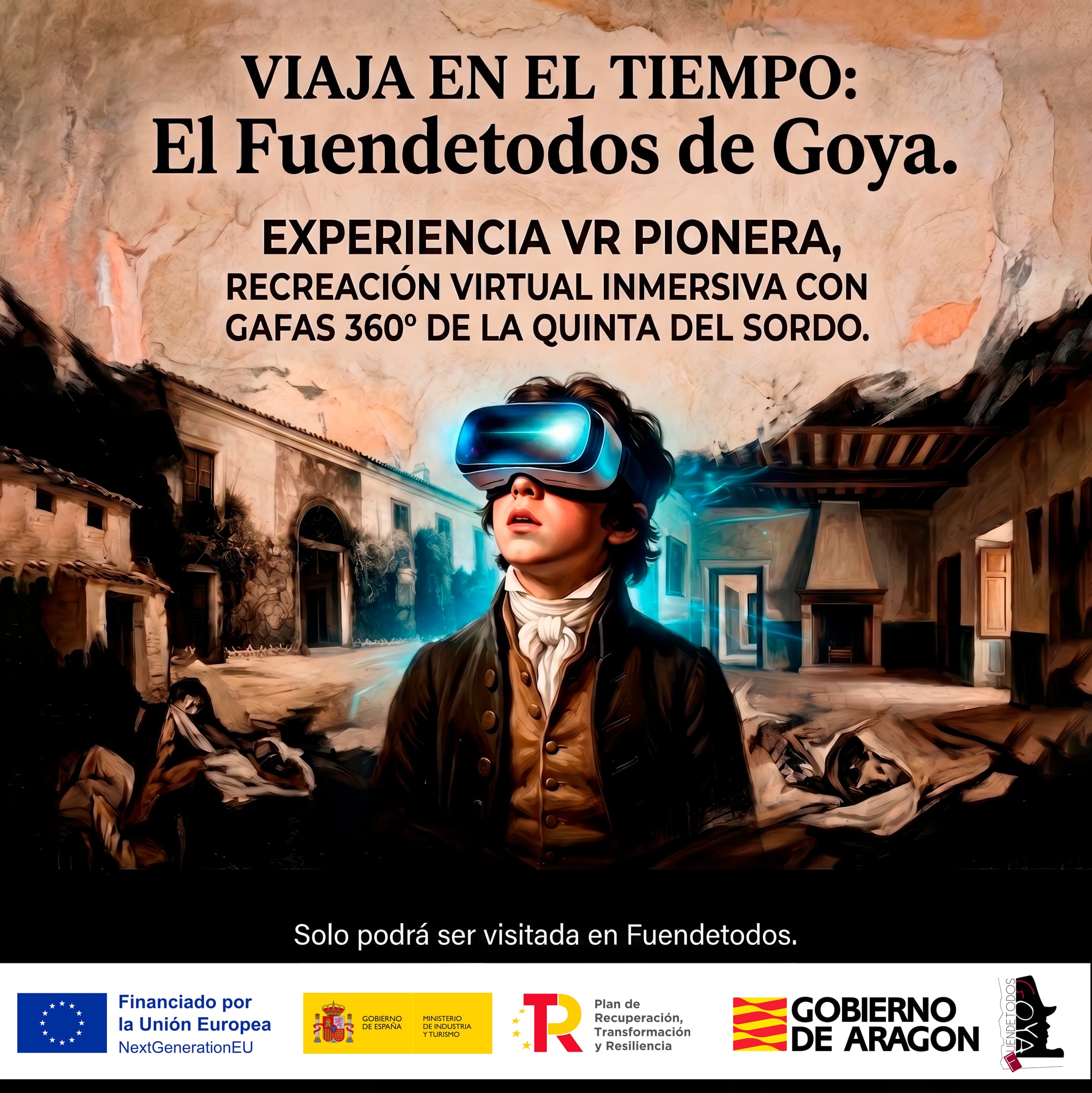 Niño con ropa de época experimenta realidad virtual entre paisajes rústicos pintados.